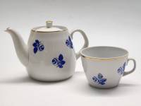 Заварочный чайник и чашка Пролетарий Синие розы фарфор СССР винтаж1970-е