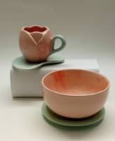 Набор Завтрак девочки Дюймовочки Чайная кофейная пара цветок и миска-салатник с десертной тарелкой 