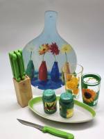 Разделочная доска Стаканы Солонка Перечница Селедочница Набор ножей Зеленая посуда