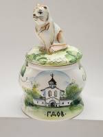 Шкатулка (сахарница банка для хранения) керамика роспись Гдов Кошка на крышке