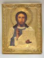 Икона Господь вседержитель письмо по дерево оклад медь Российская Империя до 1917г
