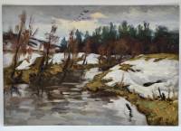 Картина Тулаев В. Н. 1976 г. Весна на реке Птицы прилетают пейзаж масло картон 35х25 см
