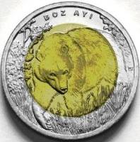 2011 Монета Турция 1 лира Красная книга Медведь  Биметалл  UNC