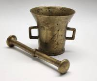 Ступка с пестиком и ручками латунная старинная большая