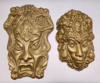 Маски 2 шт симулин театр этно восточные панно настенные декор СССР Кали и Горгона  золотого цвета