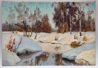 Картина Тулаев В. Н. 1987 г. Река в лесу начало весны Пейзаж масло картон 35х24 см