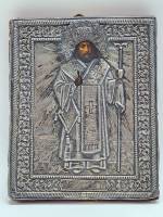 Икона Св. Феодосий Черниговский Серебро 84. письмо на дереве оклад 19 век 18х15 см 