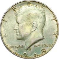 1968d Монета США 50 центов 2. Серебро, 400 Кеннеди Серебро Ag 400  XF