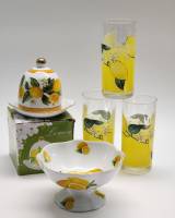 Лимонница конфетница-креманка и 3 стакана посуда Лимоны фарфор стекло 