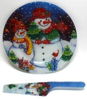 Тортовница с лопаткой "Снеговики", стекло, лопатка 27 см., торт-ца 26 см. (сост. на фото)