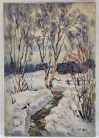 Картина Тулаев В. Н. 1984 г. Тропинка к дому Зимний пейзаж масло картон 35х24 см