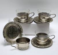 Чайные пары 4 штуки стекло с подстаканниками мельхиор ( нет одного стакана)