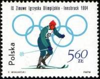 (1964-007) Марка Польша "Беговые лыжи"   Зимние Олимпийские Игры 1964, Инсбрук III O