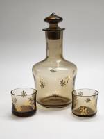  Графин штоф и 2 стопки СССР стекло цветне коричневое карамельное позолота винтаж