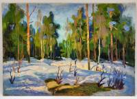 Картина Тулаев В. Н. 1982 г. Зимний лес пейзаж масло картон 35х25 см