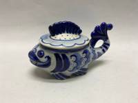 Икорница в форме рыбы с крышкой, шкатулка, гжель