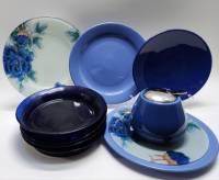 Тарелки столовые десертные 9 шт в голубых синих тонах и Сахарница стекло фарфор 