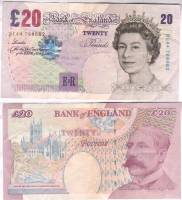  Банкнота Великобритания 1999 год 20 фунтов Елизавета II Эдуард Элгар   VF