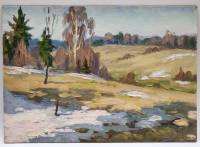 Картина Тулаев В. Н. 1971 г. Весна в полях Пейзаж масло картон 35х25 см
