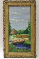 Картина Летний пейзаж Домик в деревне у реки с мостиком масло холст в раме 43 х 25 см