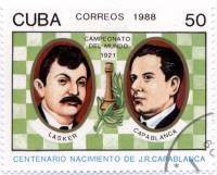 (1988-053) Марка Куба "Э. Ласкер и Р. Капабланка"    100 лет со дня рождения Хосе Рауля Капабланки I