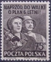 (1951-002) Марка Польша "Фермер и рабочий (Серо-фиолетовая)"   Шестилетний план III Θ