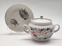 Сахарница и блюдце Красный фарфорист Грузино СССР винтаж 1970-е красные ягоды