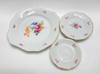 Блюдо + 3 десертных тарелки + 3 блюдца, мейсенский букет, Богемия, Чехословакия