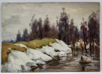 Картина Тулаев В. Н. 1980 г. Вечер в лесу у реки Пейзаж масло картон 35х25 см