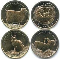 2015 4 монеты по 1 лире Набор Турция Красная книга Баран Варан Коза Кошка   UNC