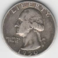 1950d Монета США 25 центов 1. Серебро Джордж Вашингтон Серебро Ag 900  VF