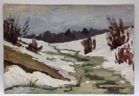 Картина Тулаев В. Н. 1973 г. Снег весной в поле Пейзаж масло картон 36х25 см