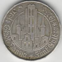 1923 Монета Вольный город Данциг 5 гульденов  Серебро Ag 750  VF
