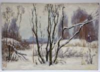 Картина Тулаев В. Н. 1987 г. Лес в снегу пейзаж масло картон 35х25 см