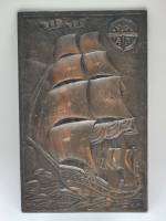 Панно настенное металл чеканка корабль в море Парусник СССР17,5 х 28 см