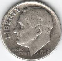 1952 Монета США 10 центов 1. Серебро Франклин Делано Рузвельт Серебро Ag 900  VF