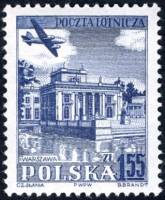 (1954-026) Марка Польша "Королевский замок в Лазенках"   Самолет над памятниками архитектуры II Θ