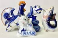 Фигурки фарфоровые ЛФЗ Гжель змея курочка рыба дракон