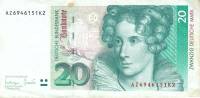 1993 Банкнота Германия ФРГ 20 марок Аннетте фон Дросте-Хюльсхофф   VF
