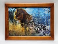 Стереофото 3 D Тигры / Лев в рамке деревянной А4