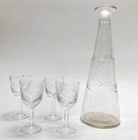 Графин (без пробки) + 4 рюмки на ножке, стекло, алмазная резка, СССР