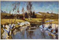 Картина Тулаев В. Н. 1979 г. Весенний вечер у реки пейзаж масло картон 35х23 см
