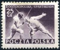 (1954-028) Марка Польша "Фехтовальщики"   2 Всепольская спартакиада №1 II O