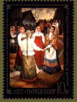 1977-016 Марка СССР Ю. Карапаев. Северная песня  Художественные промыслы Федоскино III O