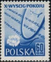 (1957-022) Марка Польша "Цветок и колесо"   10 Велогонка мира  I Θ
