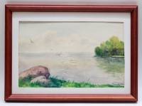 Картина Тулаев В. Н. 1981 г. Летнее утро на озере акварель картон в раме со стеклом 33х24 см