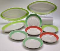 Селедочницы 3 шт и блюдца 6 шт Пролетарий фарфор СССР винтаж с цветным зеленым красным краем