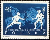 (1963-037) Марка Польша "Фехтовальщики на фоне рыцарей"   28-й Чемпионат по фехтованию в Гданьске II