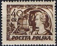 (1953-021) Марка Польша "Два студента"   3-й Всемирный Конгресс студентов II Θ