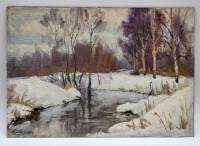 Картина Тулаев В. Н. 1986 г. Река в зимнем лесу пейзаж масло холст фанера 35х25 см